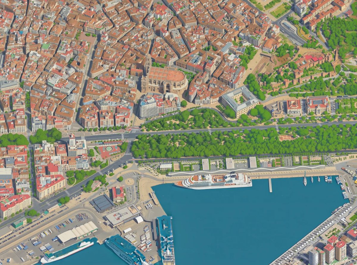 Isometric pixel-art map of central Málaga: the cathedral, the Paseo del Parque and the port with cruise ships